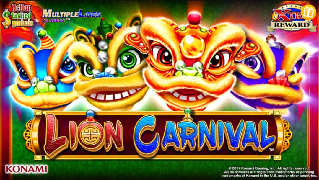 The Lion Carnival online slot game loading screen, featuring the game logo, and colorful lions.