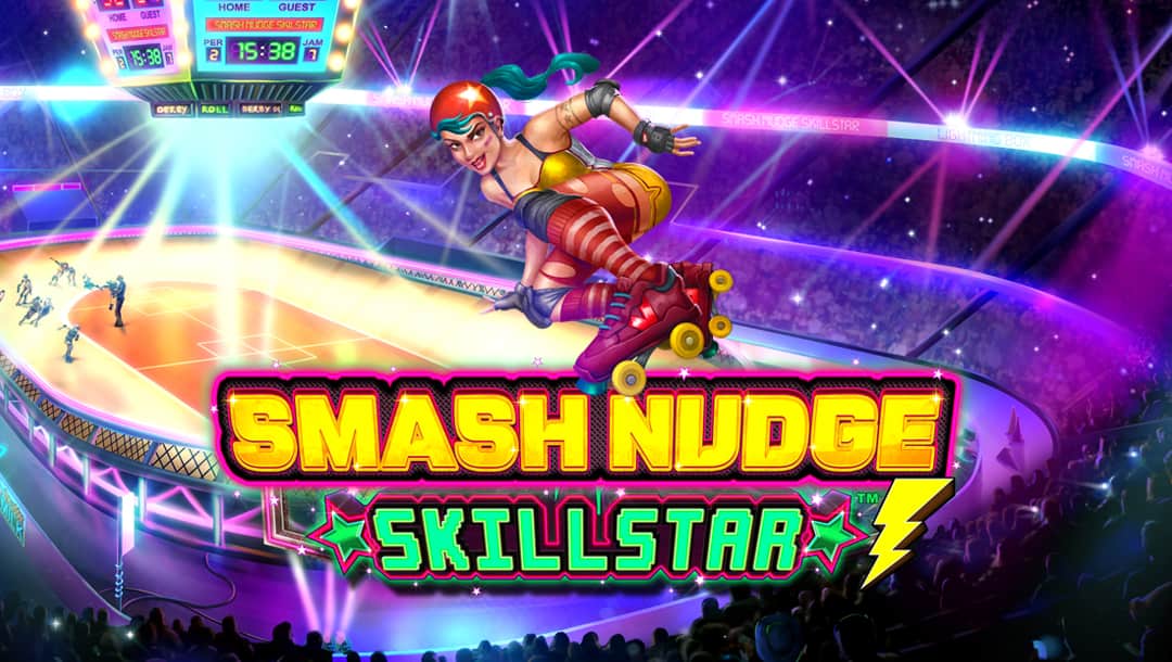 Smash Nudge Skillstar online slot game logo in gold and green. There are stars and a lightning bolt in the logo. A rollerskating girl is above the logo. The background shows a rollerskating arena with purple and blue neon lights. There are people in the arena seats.