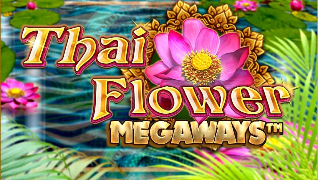 The Thai Flower Megaways online slot game loading screen, featuring the game logo, a lotus flower, and a pond in the background.