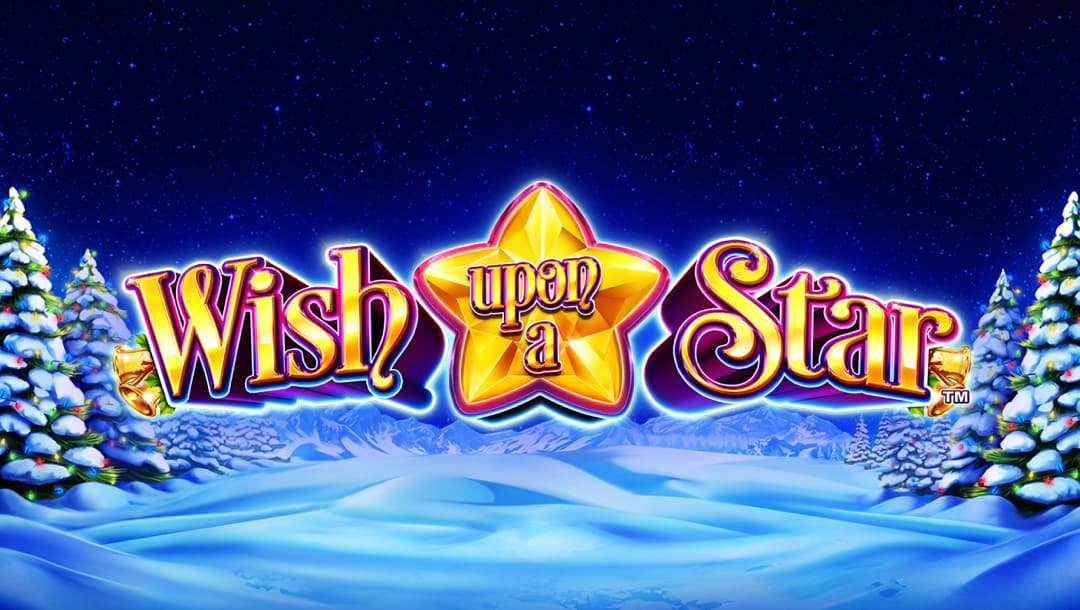 The Wish upon a Star online casino game loading screen, featuring the game logo, and trees covered in snow in the background.