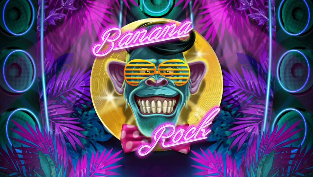 The Banana Rock online slot game loading screen, featuring the game logo, a monkey wearing a pair of funky glasses, and neon plants and speakers in the background.