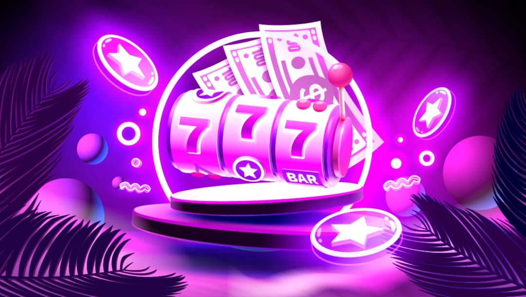 A slot wheel with cash behind it, featuring neon shapes and plants in the background.