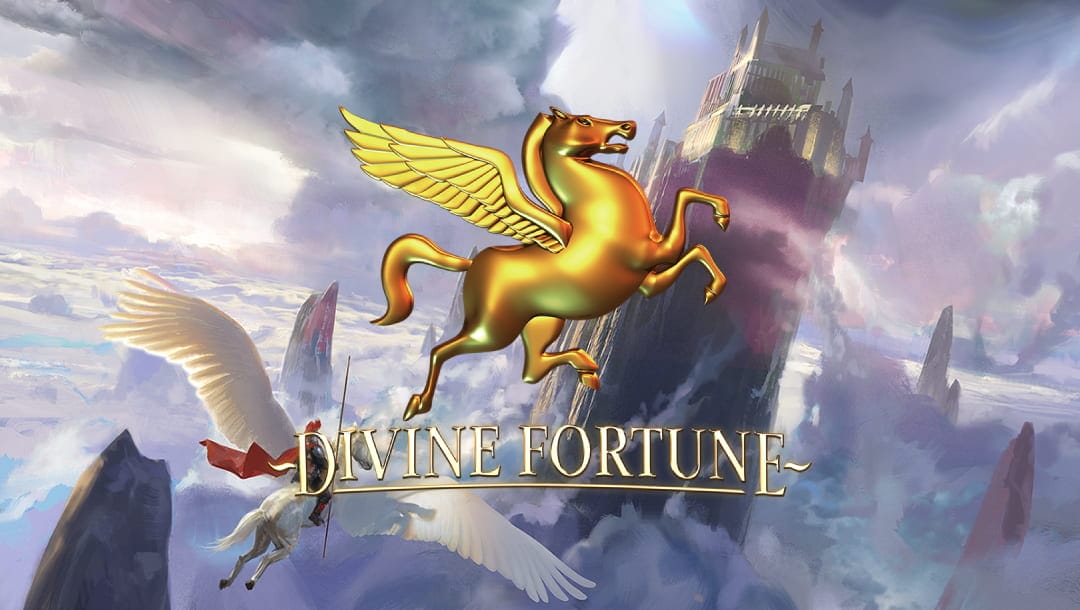 The Divine Fortune online slot game loading screen, featuring the game logo, and Bellerophon riding on Pegasus towards Olympus in the background.