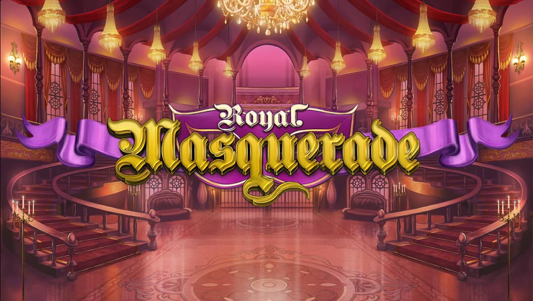 The Royal Masquerade online casino game loading screen, featuring the game logo, and a hall with two staircases, and big windows in the background.