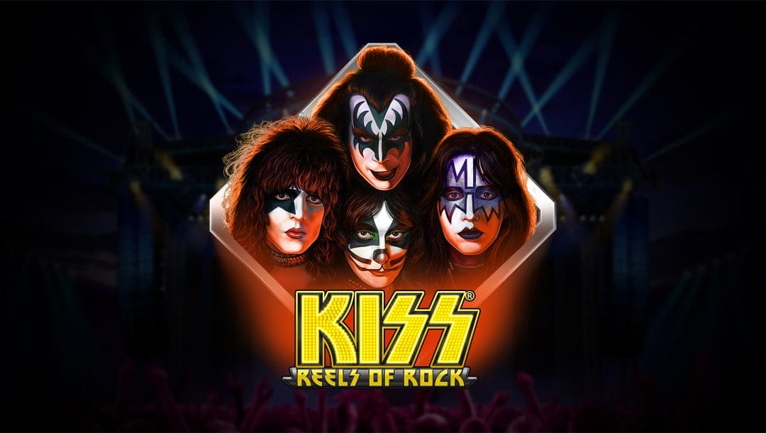 Kiss Reels of Rock online slot game logo in gold lights and black. The Kiss band members are above the font. The background is dark with strobe lights in the distance.