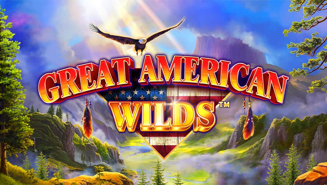 The Great American Wilds online slot game, showing the game logo, and an eagle, with a forest and mountain range in the background.