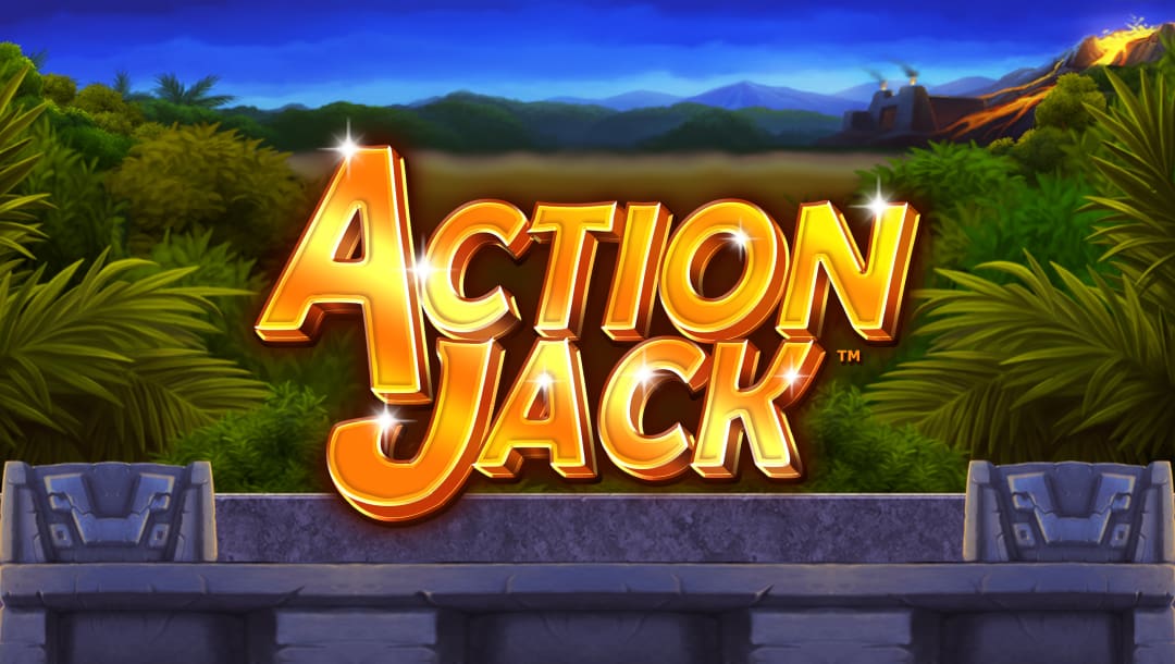 Action Jack online slot game logo in gold. The background shows a field of grass with an erupting volcano.