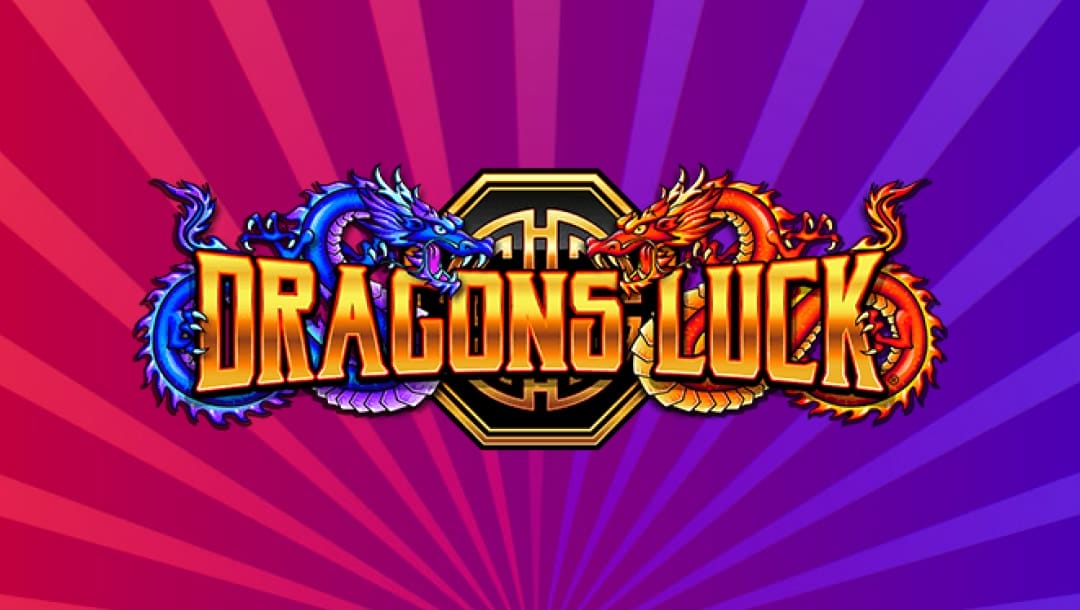 The title screen for Dragons Luck, featuring the game title with a blue dragon and a red dragon behind it on a pink, purple, and blue background.