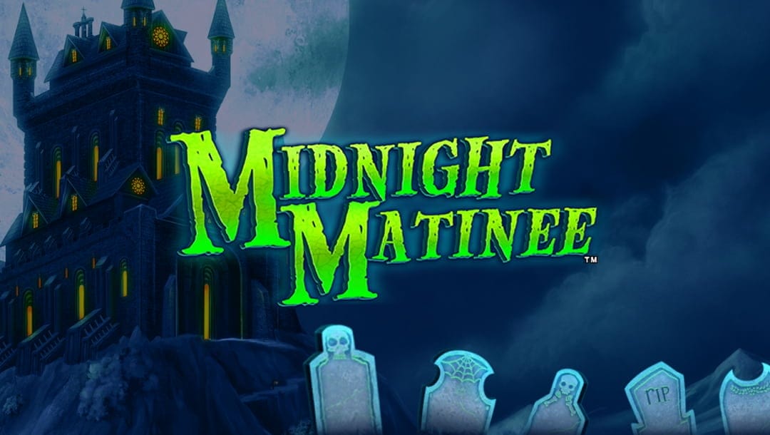 The Midnight Matinee online slot game loading screen, featuring the game logo, with tombstones and a spooky mansion in the background.