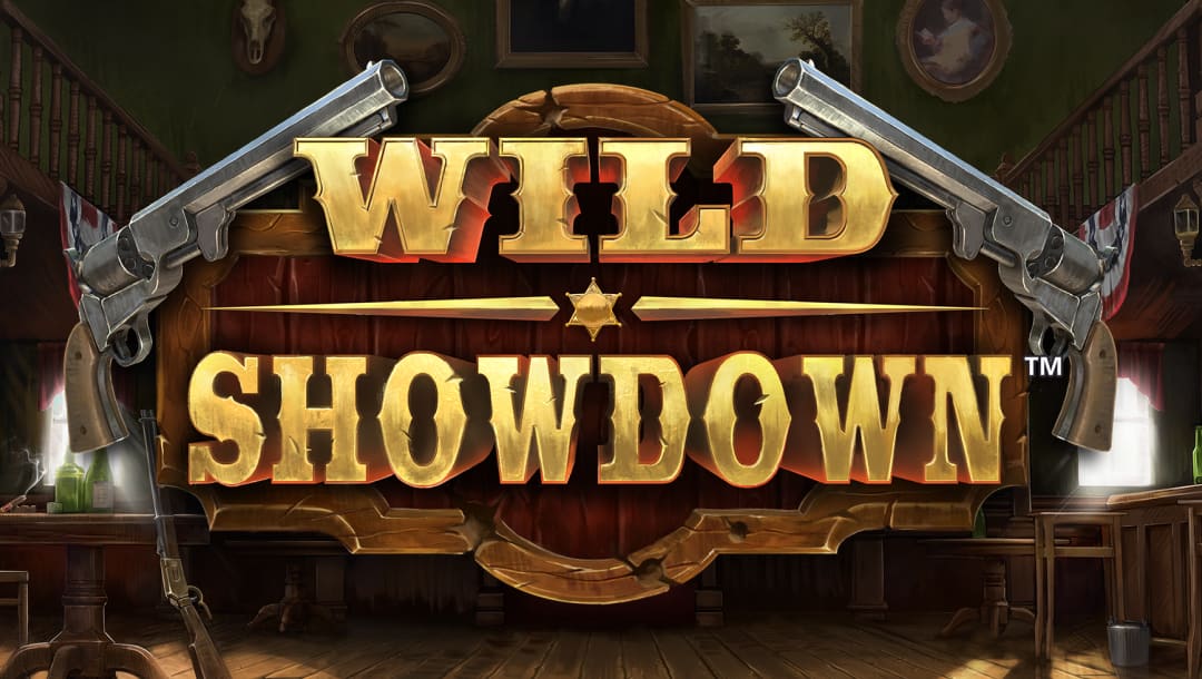 Wild Showdown online slot game logo in gold. There are two silver guns next to the logo. The background shows the inside of a saloon.