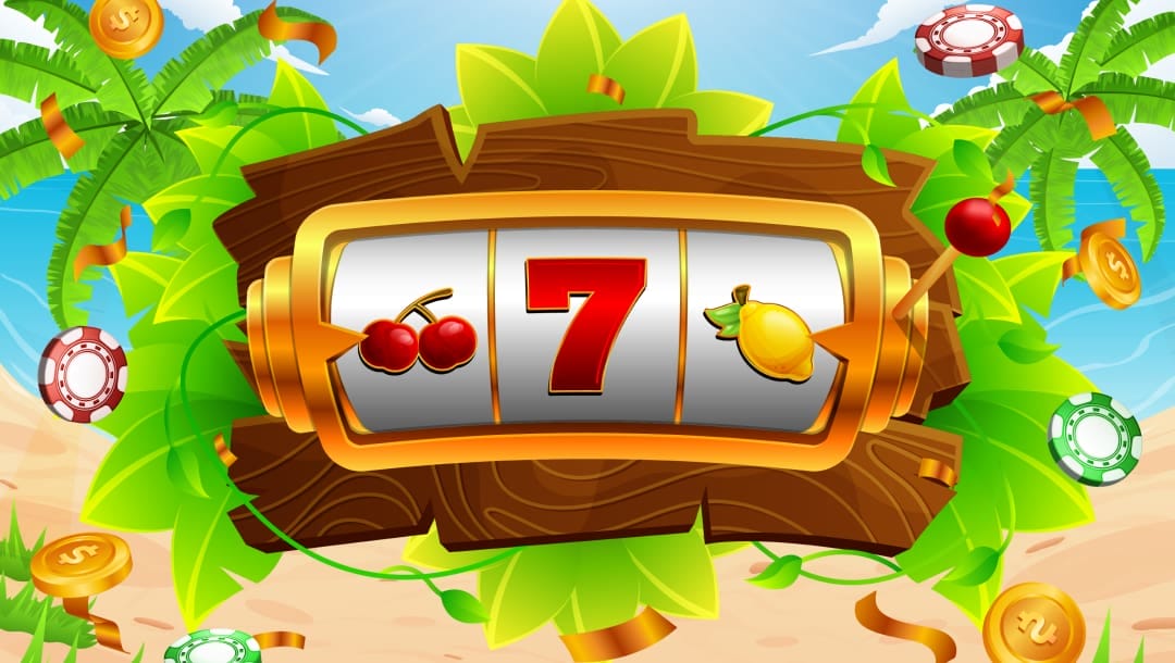 A gold and silver reel with a lemon, cherry, and number seven. The reel is against a wooden board. Cartoonish green leaves with sand and a blue sky are in the background. There are casino chips and gold coins floating around.