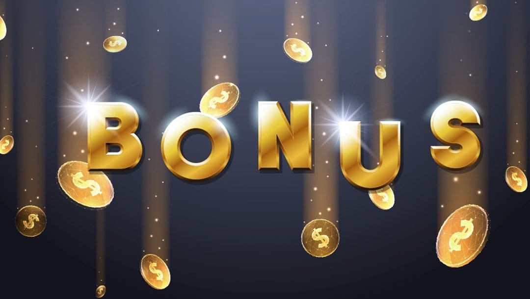 Black background with the word bonus in gold and gold coins around it.