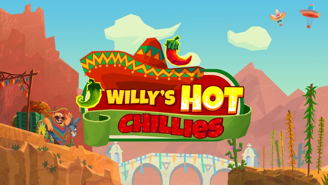 Willy’s Hot Chillies loading screen, featuring the game logo, Willy and a donkey, some trees, a bridge, and mountains in the background.
