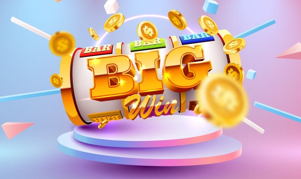 Illustration of a slot machine with a colourful “BIG WIN” message displayed across three reels. Gold coins are bursting out from the machine, symbolising a jackpot win. The scene is set against a vibrant, pastel-toned background with floating shapes and a circular platform.