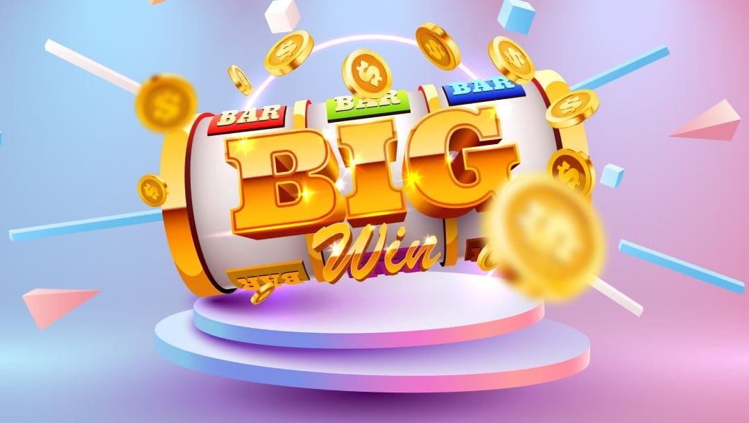 Illustration of a slot machine with a colourful “BIG WIN” message displayed across three reels. Gold coins are bursting out from the machine, symbolising a jackpot win. The scene is set against a vibrant, pastel-toned background with floating shapes and a circular platform.