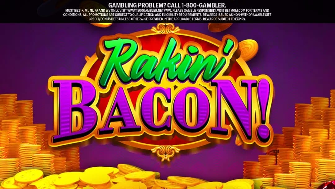 Rakin’ Bacon online slot game logo in gold, green, and purple. There are gold coins at the bottom of the logo. The background color is purple.