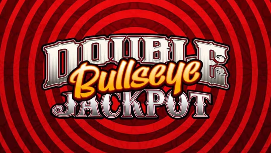 Double Jackpot Bullseye online slot game logo in silver anf gold. The background contains a light and dark red hue forming circles.