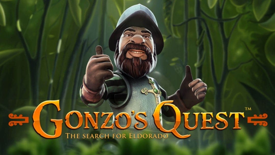 Gonzo’s Quest online slot logo in gold. The background contains a green jungle picture with the game’s Gonzo character dressed in metal armor.