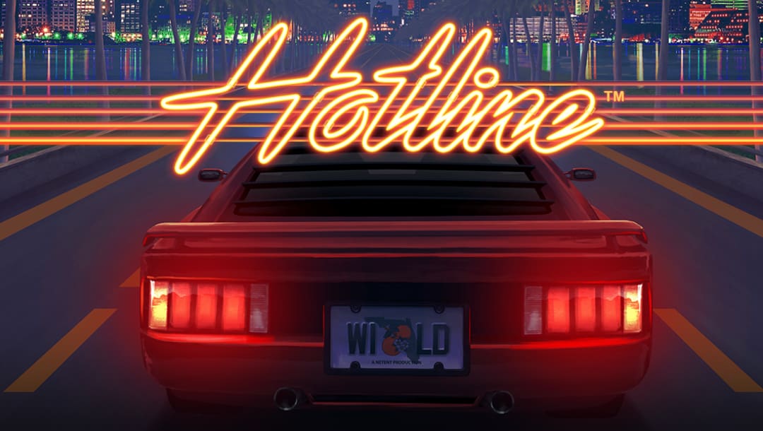 Hotline online casino game logo in neon orange. There is a car beneath the logo. The background shows a road with the Miami cityscape in the distance.