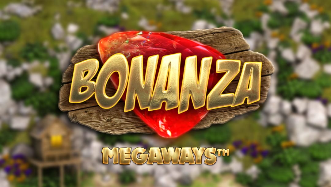 Bonanza Megaways online slot game logo in gold. The font is displayed across a wooden plank and red gemstones. The background is blurred and includes an image of a rocky mountain with green grass.