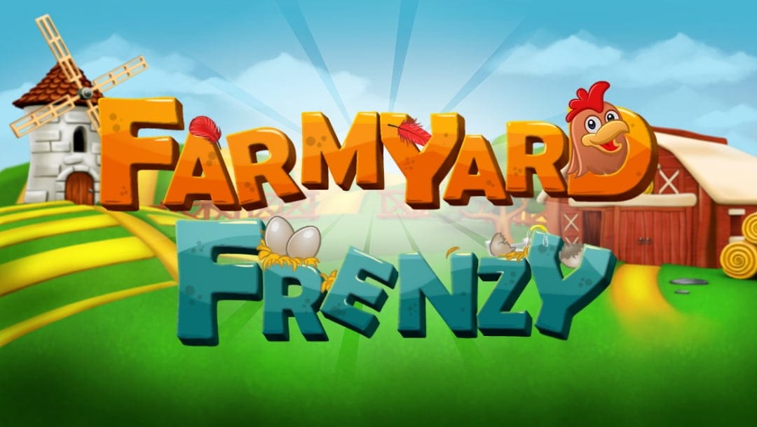 Farmyard Frenzy online slot logo in orange and turquoise. There are eggs displayed on the font. The background shows a cartoon-style farm with blue skies, a windmill and stable.