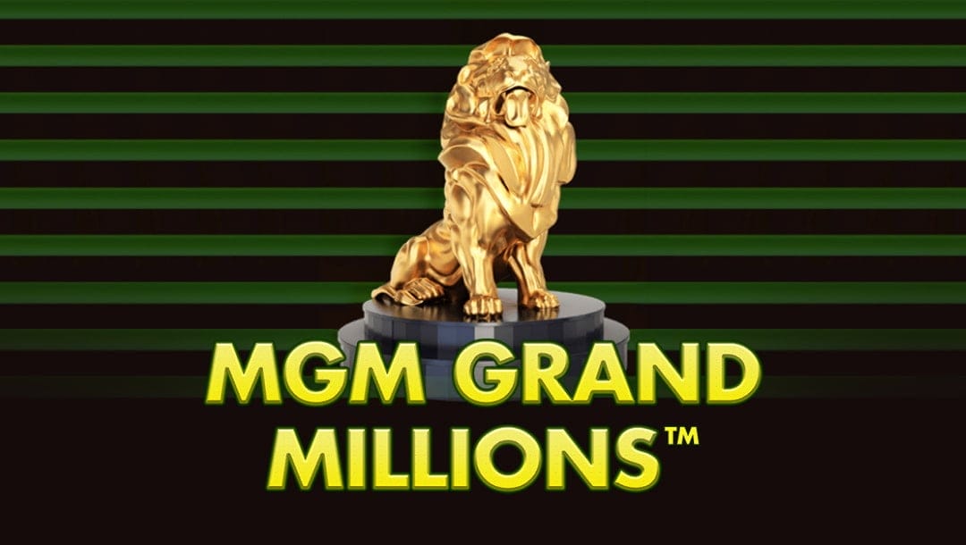 MGM Grand Millions logo in yellow. There is a gold lion statue on a black platform. The background is green and black.