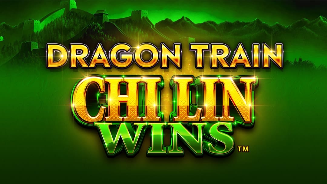 Dragon Train Chi Lin Wins online slot logo in gold and green. There are mountains and a castle in the background. The background is green.