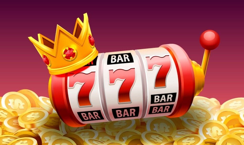 There is a red, white and gold slot reel with number sevens and bars. There is a gold crown with red rubies in it. There are gold coins below the reel. The background is red, pink and purple.