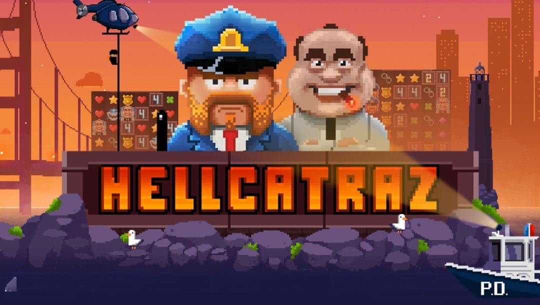 A police officer and prisoner in front of the Golden Gate Bridge with the San Francisco skyline in the background and the title “Hellcatraz” in the middle.