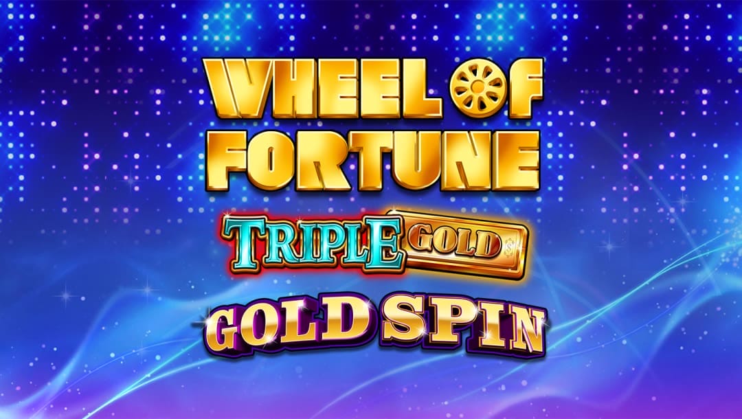 Wheel of Fortune Triple Gold: Gold Spin online slot logo in gold, purple, and blue. The background shows a neon blue and purple shade with sparkling lights.