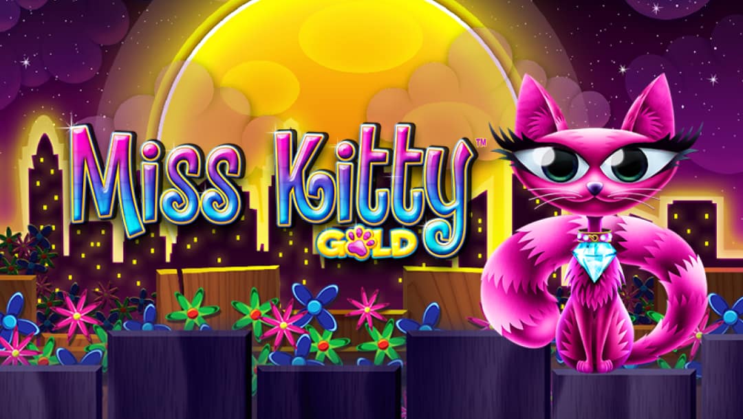 A screenshot of the Missy Kitty Gold title screen. The image features a pink cat wearing a diamond necklace. The cat is sitting against a flower bed at night with the city and light of the moon behind it. The title of the game is on the left of the image.