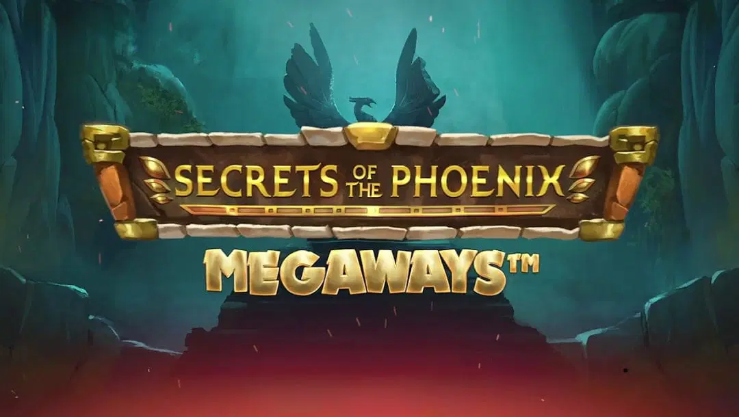 The title screen for Secrets of the Phoenix Megaways, featuring the game title with a statue of a phoenix behind it and a dark cave in the background.