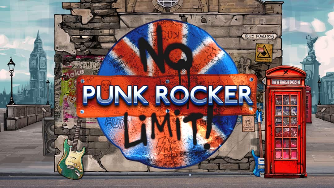 The Punk Rocker title screen. In the background are several iconic British landmarks, including Big Ben. In the foreground is a worn wall with crumbling plaster and torn posters. On the left and right side of the wall are two guitars. There’s also a damaged red phone booth on the right side of the wall. Spray painted on the wall is the game’s logo, a vertical British flag in a circle with the words “Punk Rocker” and “No Limit” across it.