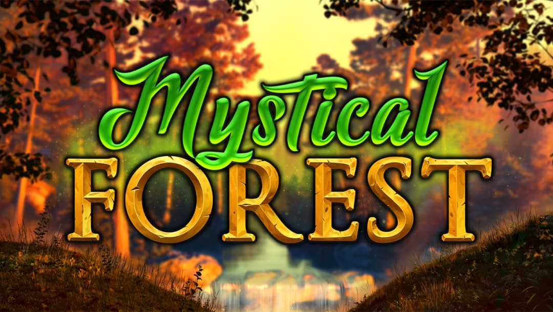 Fantasy-themed "Mystical Forest" text over an autumn forest backdrop at sunset.