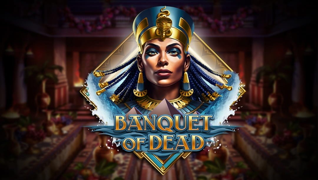 The title screen of Banquet of Dead, featuring a close-up of Queen Nitocris framed by gushing water. In the background there’s a faded image of the tomb where she enacted her revenge.