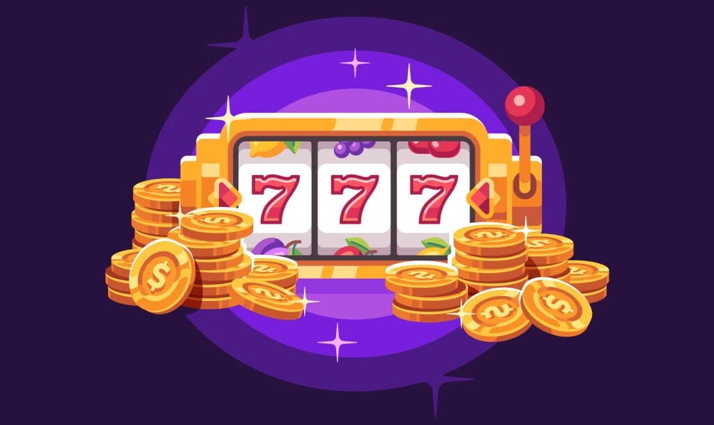 A slot machine and gold coins graphic. The slot reel is gold. There are three sevens on the slot machine. The background is purple and navy blue.