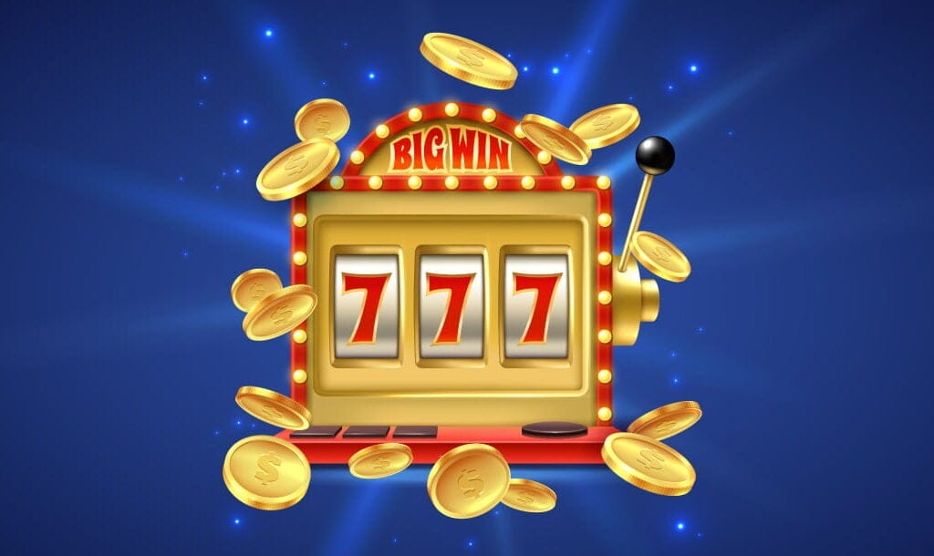 A gold and red slot machine vector with the red number seven on the three reels. There are gold coins around the slot machine. The background is blue.