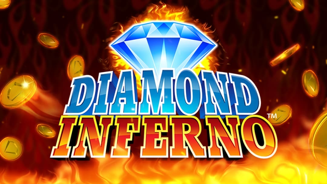 Diamond Inferno online slot logo in blue, white and orange. There is a diamond above the font. The background has gold coins and flames.