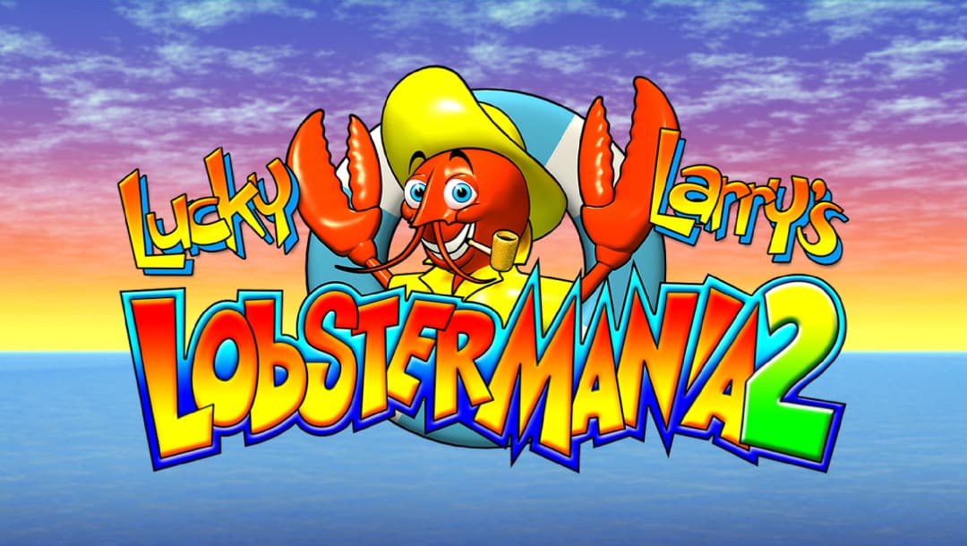 Lucky Larry’s Lobstermania 2 online slot logo in green, red and orange. There is a lobster in the middle of the logo. The background shows the sea, with an orange, white and purple sky.