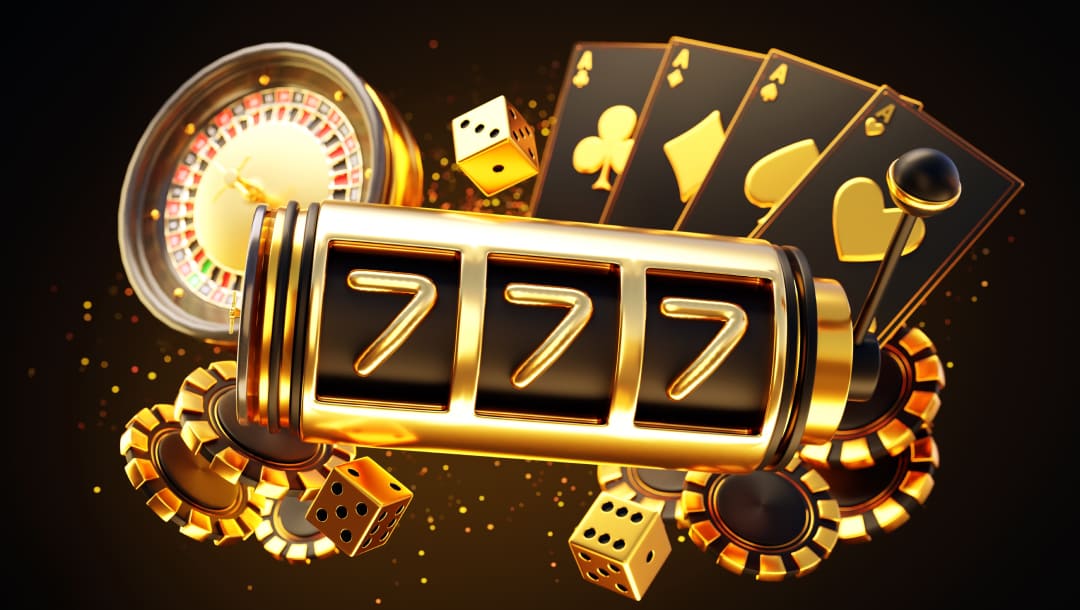 A sleek vector image featuring a slot wheel displaying triple 7s, accompanied by gold and black playing cards, gold dice, gold and black casino chips, and a roulette wheel.