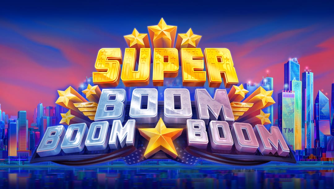 The Super Boom Boom Boom title screen. The background is a stylized painterly version of the New York City skyline. The foreground features the game’s title “Super Boom Boom Boom” in a bold font surrounded by gold stars.