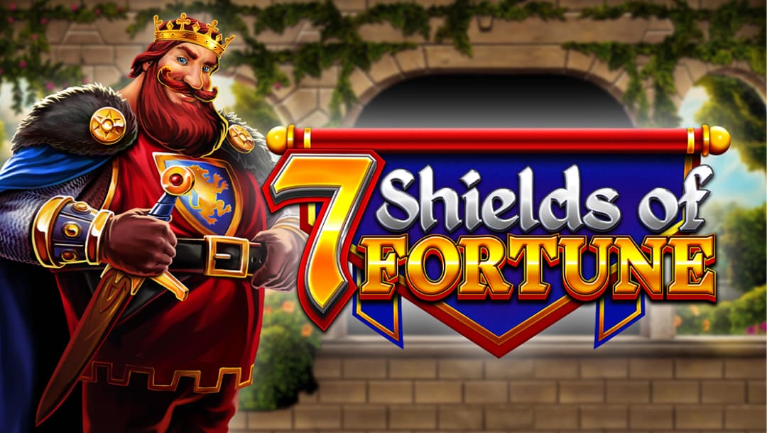 The 7 Shields of Fortune title screen. The background is part of a castle leading to a garden. In the foreground, the game’s king stands proudly next to the words “7 Shields of Fortune” with his sword sheathed at his side. The title is in front of a red, blue, and gold banner.