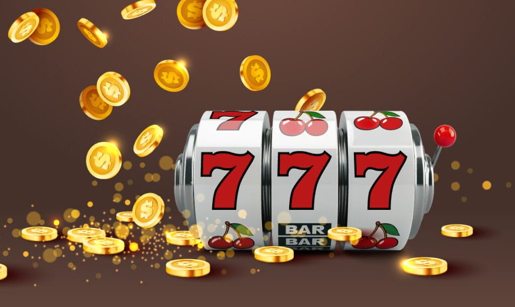 A slot machine reel displaying a winning combination of three red sevens, surrounded by cherries and bar symbols, with golden coins cascading around it against a brown background.