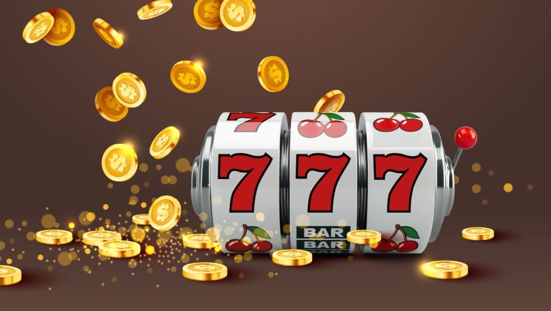A slot machine reel displaying a winning combination of three red sevens, surrounded by cherries and bar symbols, with golden coins cascading around it against a brown background.