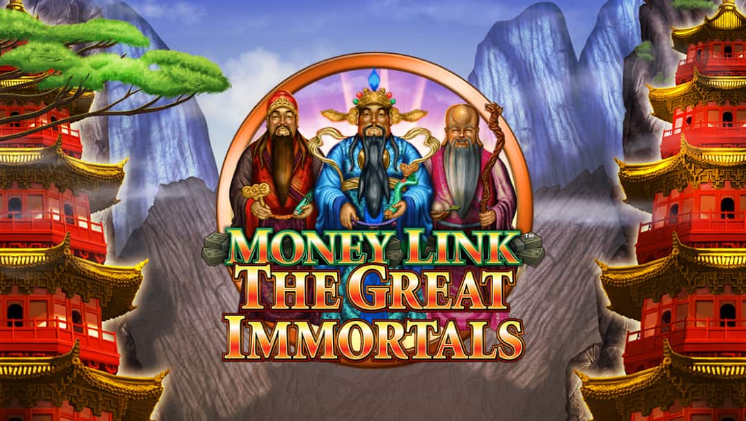 The Money Link The Great Immortals online slot game loading screen, featuring the game logo, with mountains and Asian-style buildings in the background
