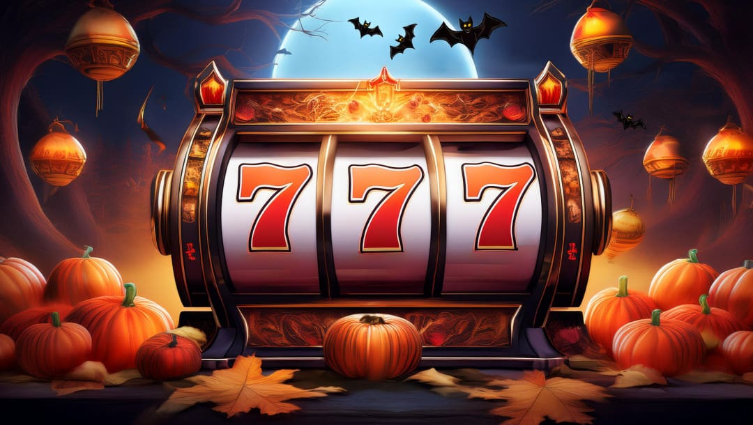 A Halloween themed vector image of a slot wheel showing a triple seven, with lanterns, pumpkins, and bats in the background.