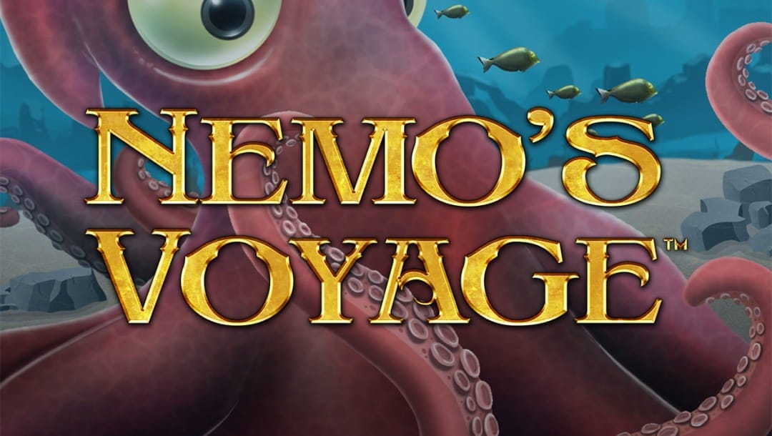 The title screen of Nemo’s Voyage featuring the game logo against an underwater background dominated by a giant squid on the ocean floor, with fish swimming past it in the background.