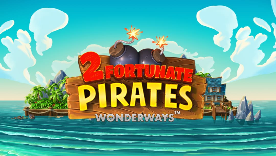 The title screen for 2 Fortunate Pirates, featuring the game logo on a background of the man-made island that the pirate characters live on. Everything has a bright, colorful cartoon style.