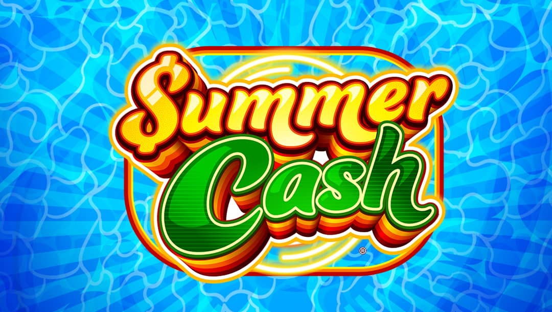 The title screen of the Summer Cash slot. The game logo appears in gold and green bubble letters against a bright blue background decorated with what looks like ripples in water.