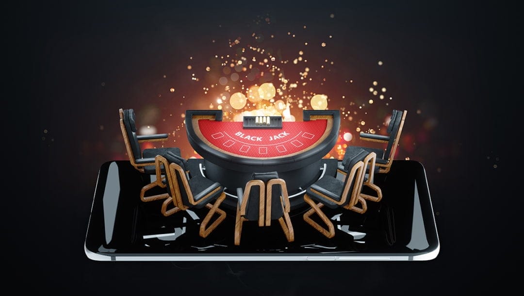 A graphic showing a red blackjack table with black and wooden chairs on top of a smartphone. There is gold dust behind the blackjack table.